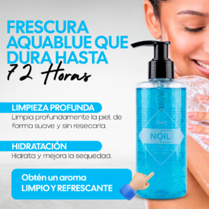 Gel de ducha corporal azul translúcido con dispensador negro, fórmula hidratante de limpieza profunda y aroma fresco para el cuerpo